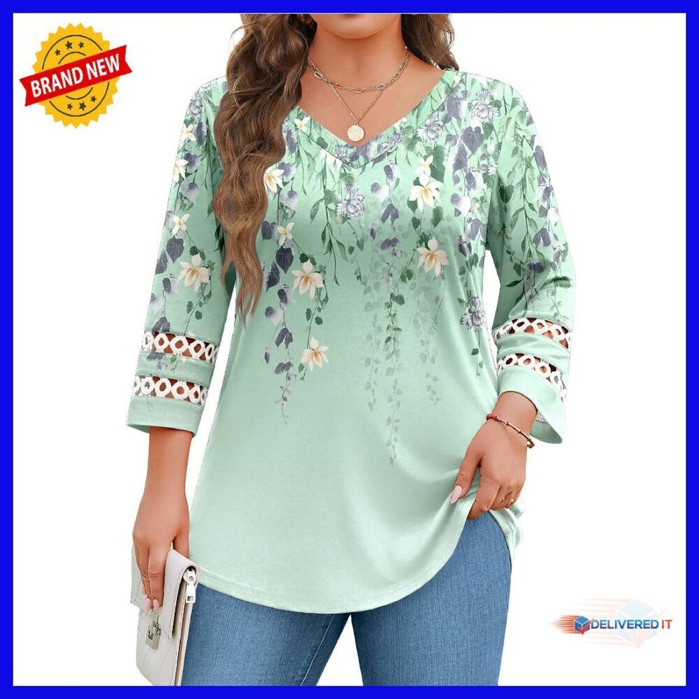 Plus Size 3/4 Sleeve Lace Tunic Blouse Work Casual V Neck